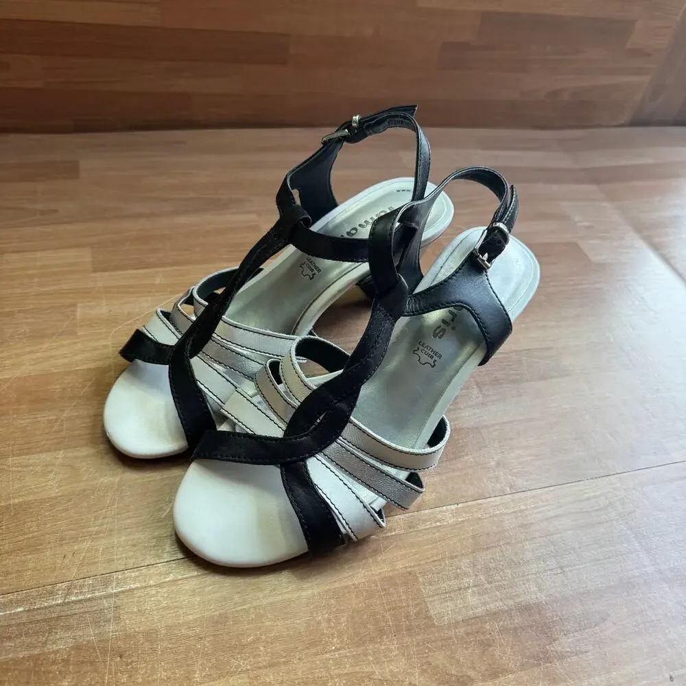Tamaris Black & Silver Strappy Leather Slingback Sandals - Size 37 (US 6.5)